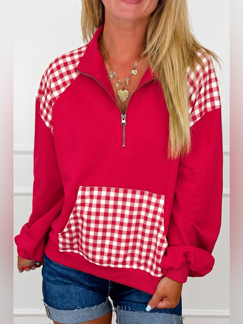 Plaid Kangaroo Pocket Quarter-Zip Sweatshirt